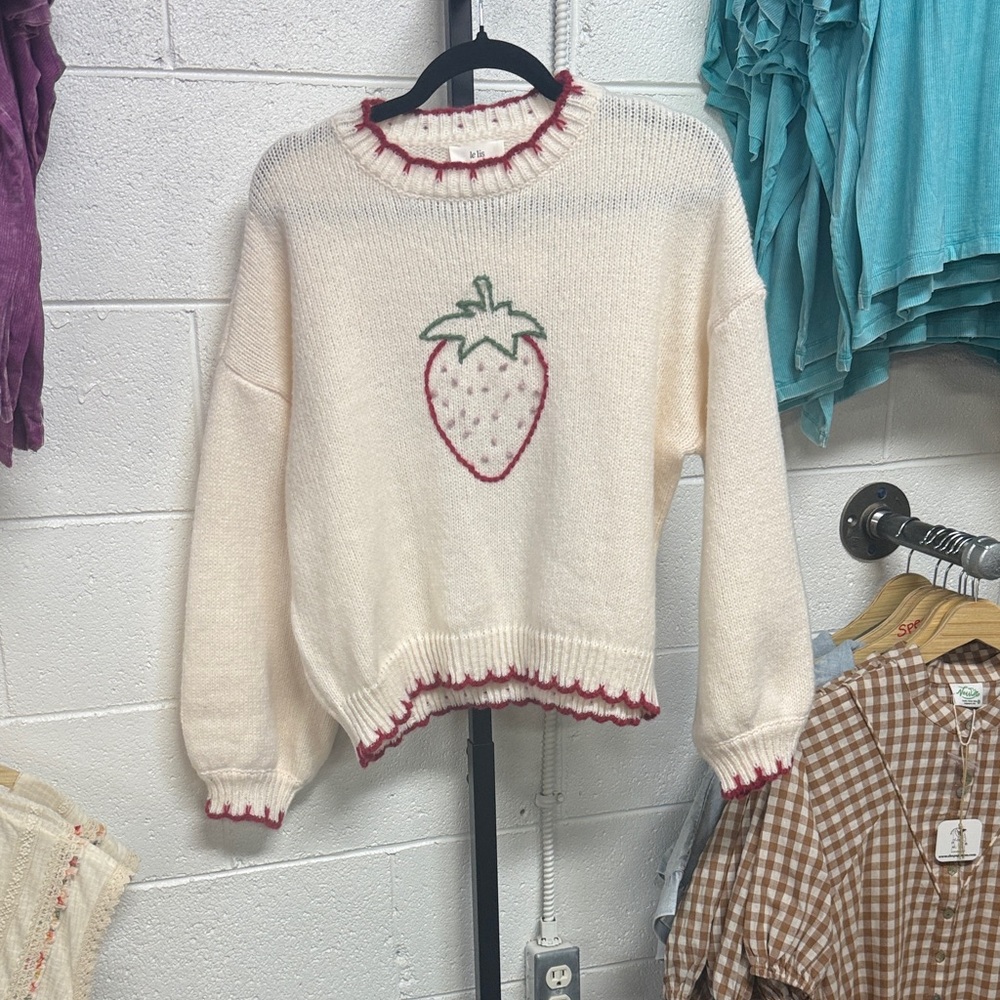 Le Lis Cream Knit Sweater with Strawberry Motif and Red Trim